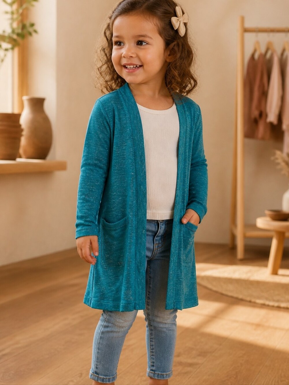 LuLaRoe Girls Sariah Cardigan Turquoise Longline Open Front Soft Sweater Pockets